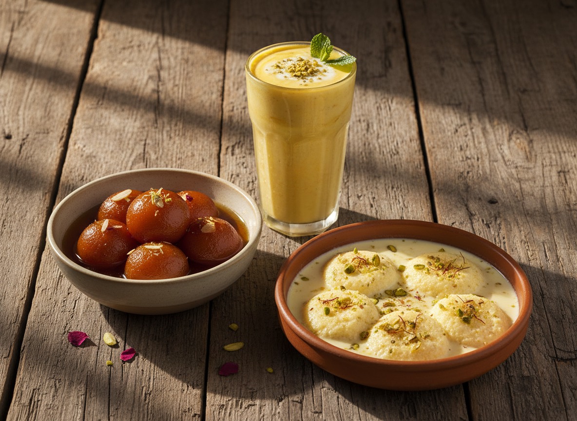 Desserts indiens — gulab jamun, ras malai, lassi — illustration